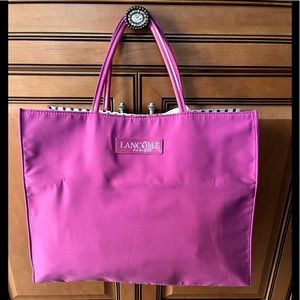 Lancôme Fuchsia Color Square Tote With Black and White Poker Dot Lining